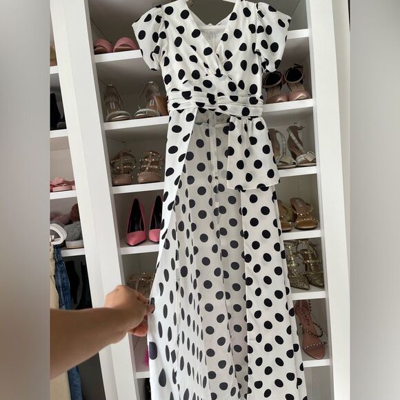 black and white polka dot puff sleeve wrap long blouse Size XS - Picture 9 of 11